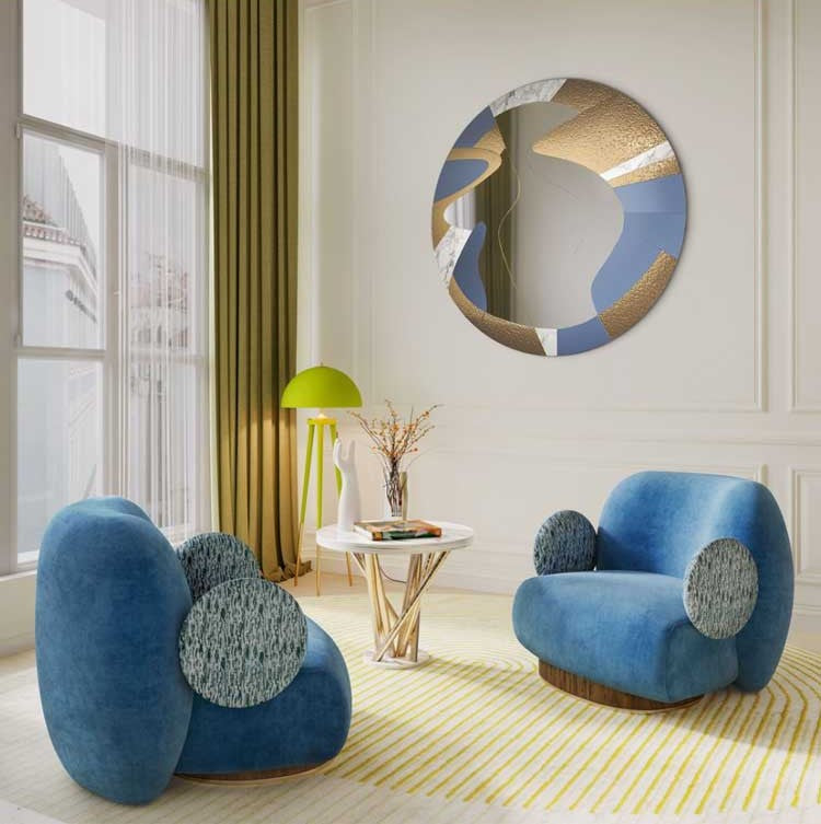 Blue Velvet Swivel Barrel Accent Chair with Decorative Round Side Cushions