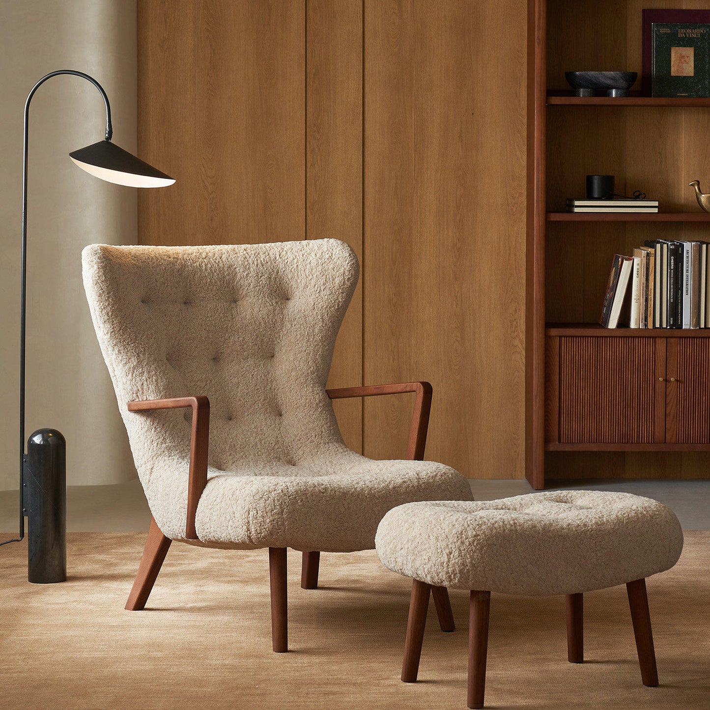 Sherpa Accent Chair with Ottoman, High Back Upholstered Lounge Chair Set, Mid Century Modern Armchair with Wood Arms for Living Room, Bedroom, Reading Nook, Balcony, and Lounge Seating