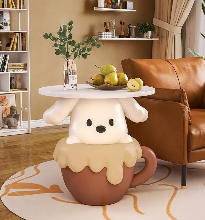 Brown and Cream Resin Teacup Puppy Side Table with Round White Wood Top, Cute Cartoon Accent End Table and Bedside Stand for Bedroom, Living Room, Kids Room and Nursery