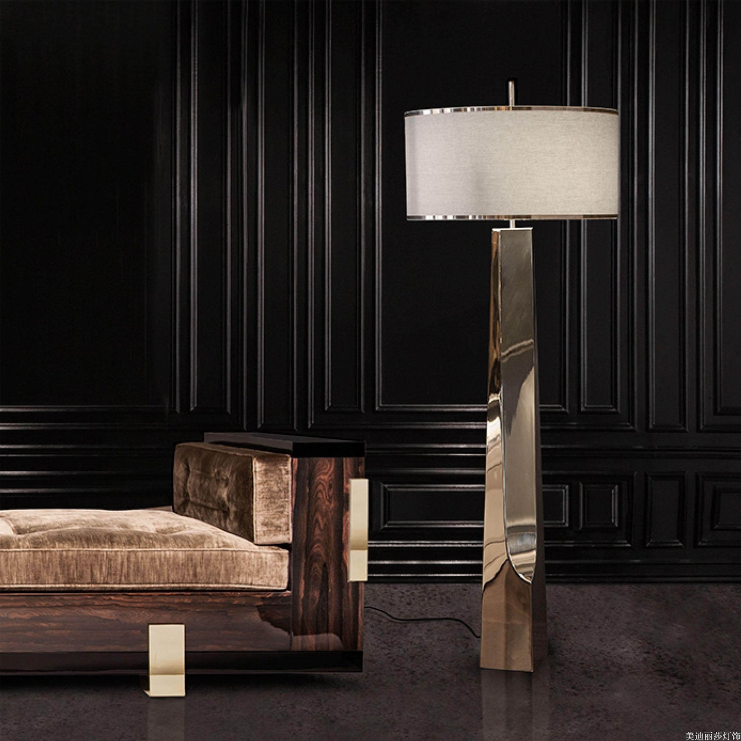 Modern Gold Floor Lamp, Sculptural Faceted Metal Standing Lamp with Beige Drum Fabric Shade, Tall Accent Lighting for Living Room, Bedroom, Hotel Lobby, Lounge, Office