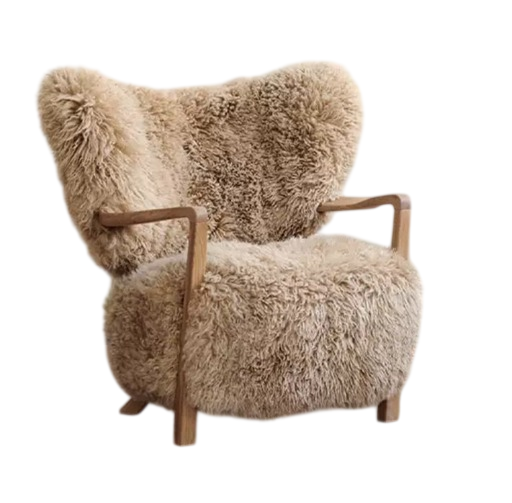 Sherpa Accent Chair with Solid Walnut Wood Arms, Upholstered Lounge Chair, Modern Fuzzy Armchair for Living Room, Bedroom, Reading Nook, Hotel, Beige