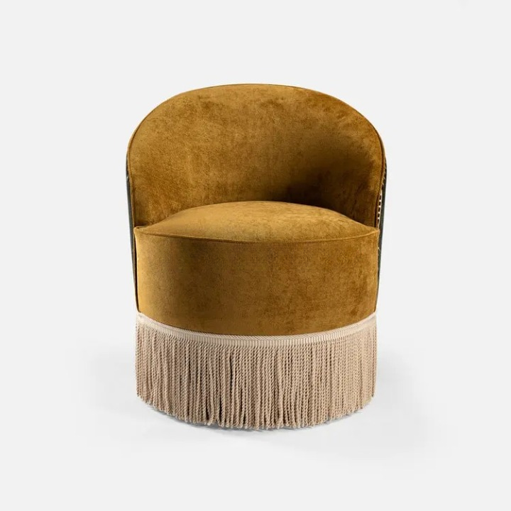 Mustard Velvet Fringe Accent Chair, Round Back Upholstered Barrel Chair with Tassel Skirt, Small Luxury Lounge Chair for Living Room, Bedroom, Hotel Lobby, Club, Reception