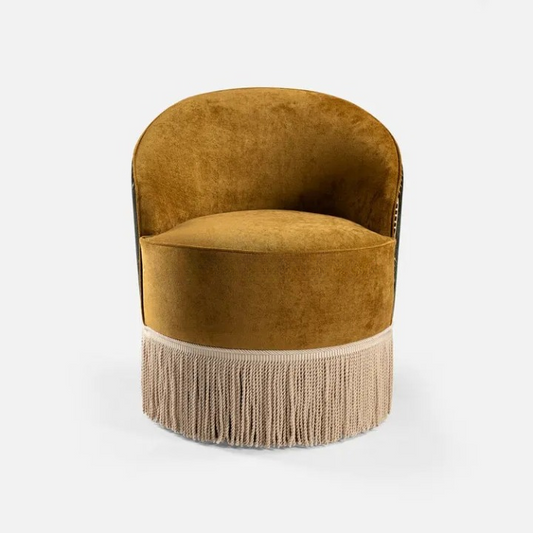 Mustard Velvet Fringe Accent Chair, Round Back Upholstered Barrel Chair with Tassel Skirt, Small Luxury Lounge Chair for Living Room, Bedroom, Hotel Lobby, Club, Reception