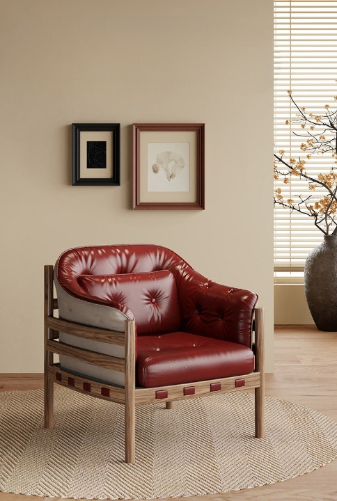 Vintage Burgundy Leather Accent Chair, Solid Wood Frame Lounge Armchair with Tufted Cushion and Lumbar Pillow for Living Room, Bedroom, Study and Reading Nook