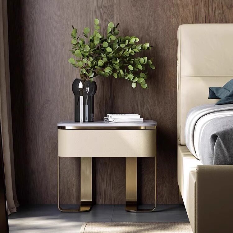 Champagne Gold Nightstand with Cary Ice Marble Top, Modern Bedside Table with Rounded Drawer, Small Bedroom Side Cabinet for Master Bedroom, Living Room, Sofa Side