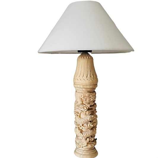 Carved Solid Wood Table Lamp with White Fabric Shade, App Remote Control Bedside Lamp, Dragon Carved Decorative Nightstand Lamp for Bedroom Living Room Study Hotel Decor