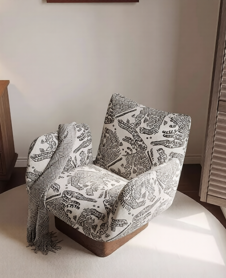 Vintage Wabi-Sabi Accent Lounge Chair, Tiger Pattern Jacquard Upholstered Single Sofa Chair, Solid Wood Designer Armchair for Living Room, Reception Area and Lounge