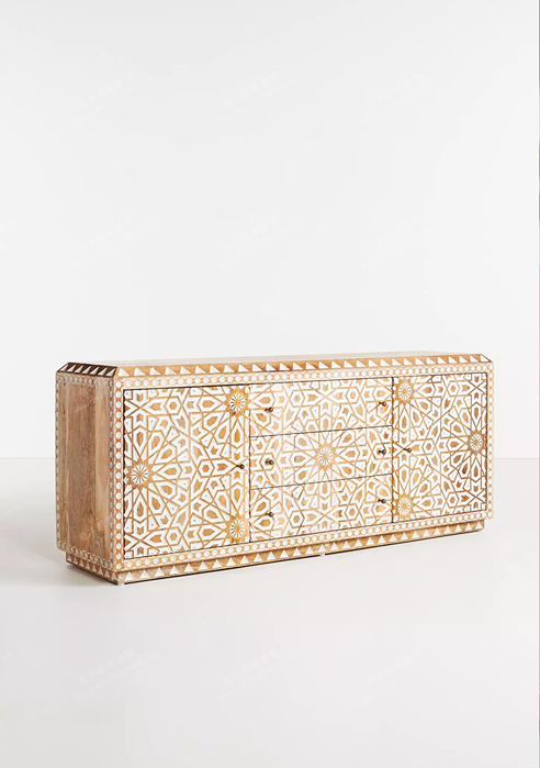 White and Gold Geometric Sideboard Cabinet, Solid Wood Buffet Storage Cabinet, Moroccan Pattern Accent Credenza for Dining Room, Living Room, Entryway, Hallway