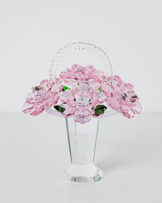 Pink Crystal Flower Basket Figurine, Decorative Floral Tabletop Sculpture