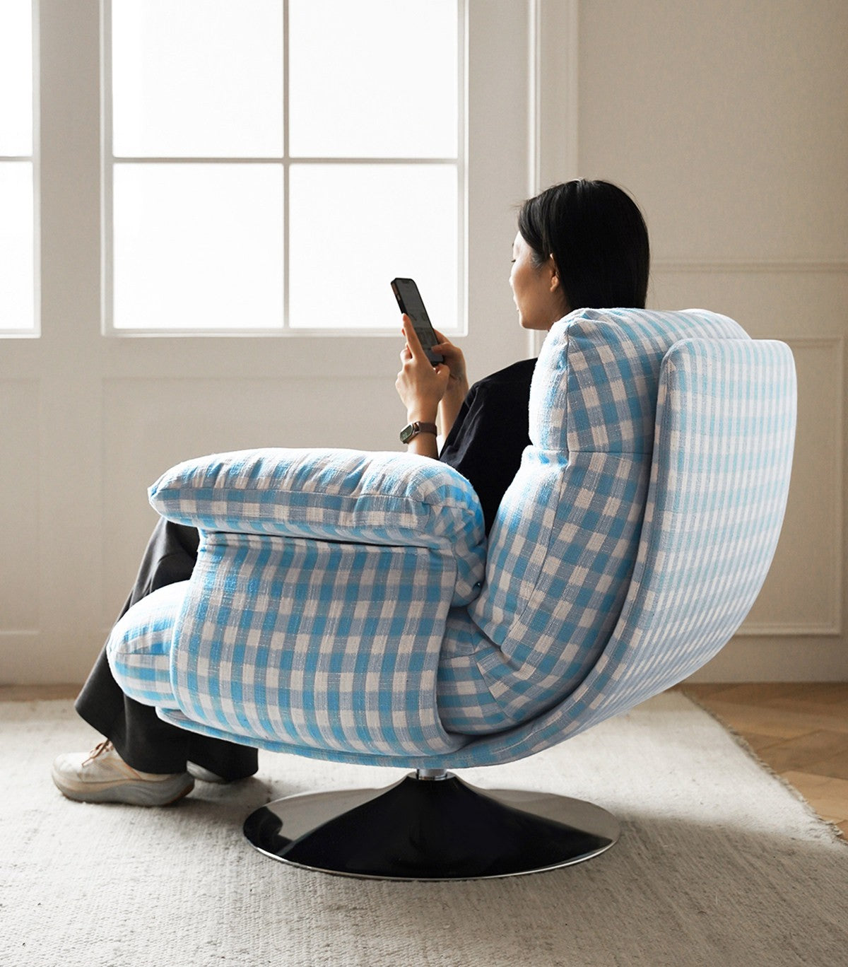 Blue Gingham Swivel Accent Chair, Upholstered Lounge Chair with Plush Down Blend Cushioning, Small Single Sofa Chair for Living Room, Bedroom, Reading Nook, Nursery, Apartment