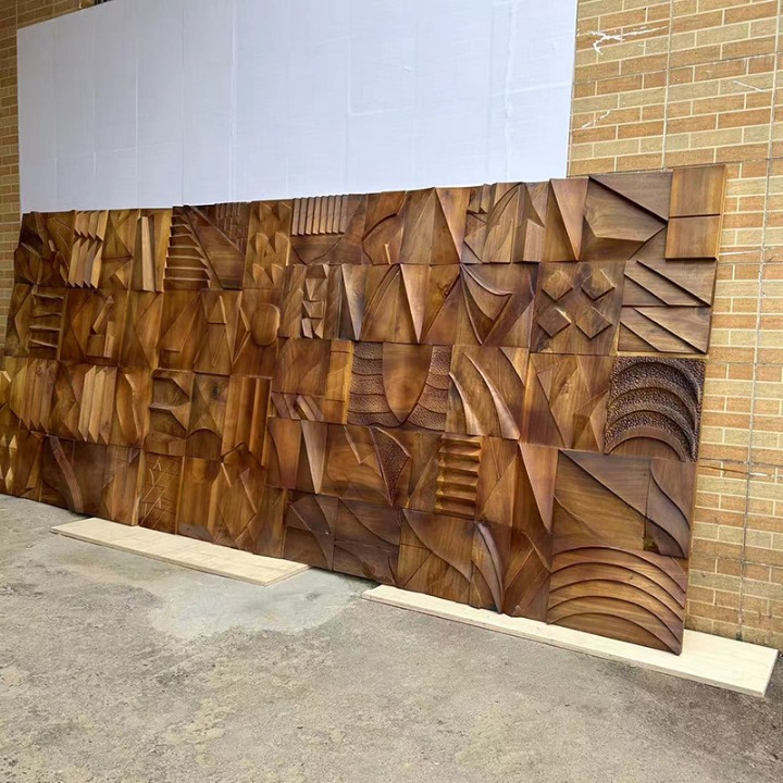 Large Abstract Wood Wall Art, Hand Carved 3D Geometric Wall Sculpture