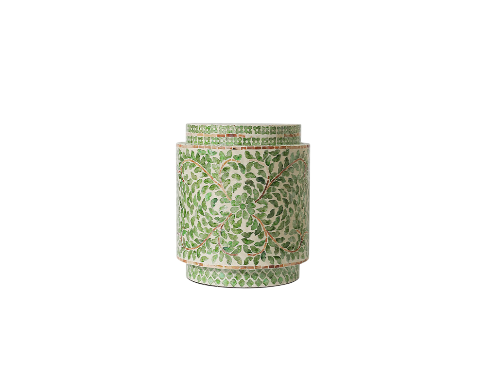 Green Mother of Pearl Inlay Drum Stool, Floral Vine Accent Side Table, Handmade Round End Table with MDF Core, Decorative Garden Stool for Living Room, Bedroom, Entryway, Vanity