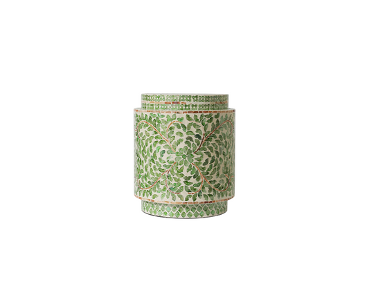 Green Mother of Pearl Inlay Drum Stool, Floral Vine Accent Side Table, Handmade Round End Table with MDF Core, Decorative Garden Stool for Living Room, Bedroom, Entryway, Vanity