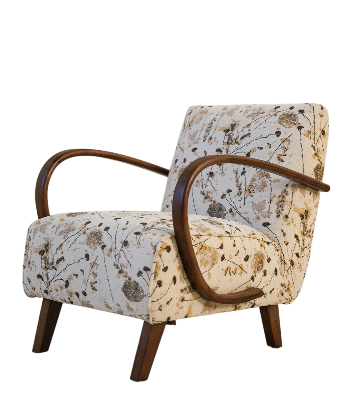 Floral Accent Chair with Solid Wood Arms, Vintage Upholstered Lounge Chair, Single Sofa Chair for Living Room, Bedroom, Balcony, Reading Nook, Beige Botanical Print