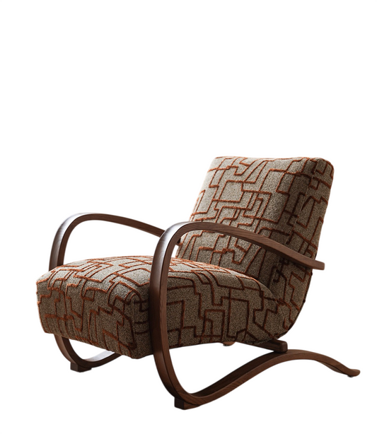 Mid Century Modern Fabric Accent Chair, Geometric Upholstered Lounge Chair with Curved Solid Wood Arms, Single Sofa Chair for Living Room, Bedroom, Reading Nook, Office