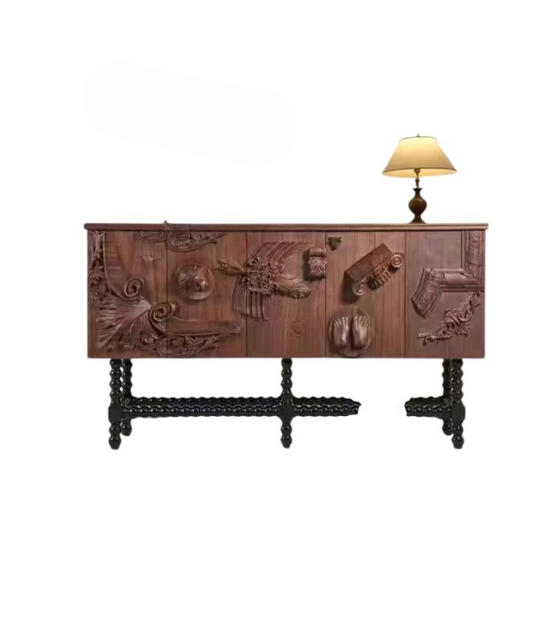 Vintage Carved Solid Wood Sideboard Cabinet, Sculptural Relief Buffet Storage Credenza with 4 Doors and Turned Black Legs, Artistic Entryway Console for Dining Room or Living Room
