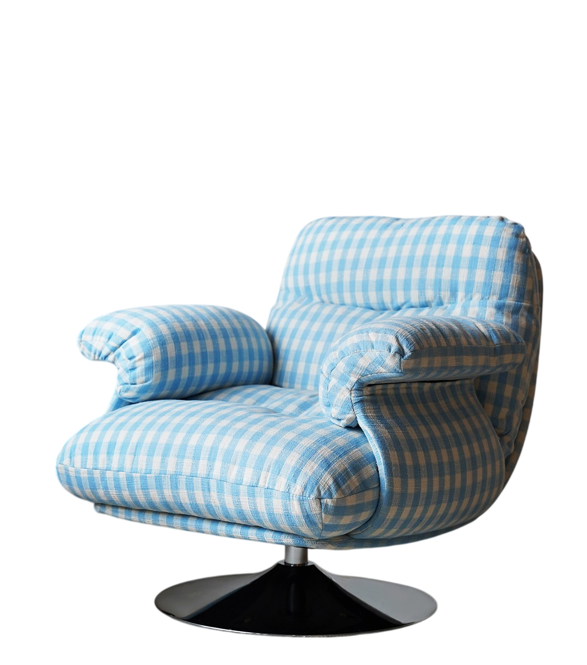 Blue Gingham Swivel Accent Chair, Upholstered Lounge Chair with Plush Down Blend Cushioning, Small Single Sofa Chair for Living Room, Bedroom, Reading Nook, Nursery, Apartment