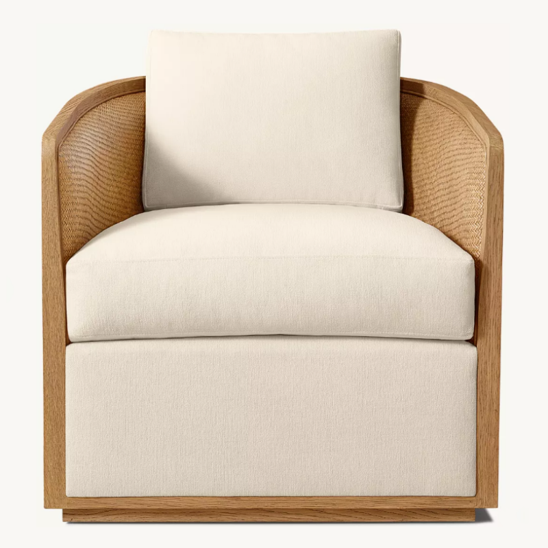 Wood and Rattan Accent Chair, Cane Armchair with Cream Cushions for Living Room, Bedroom, Hotel, Villa, Lounge, Natural Wood Finish