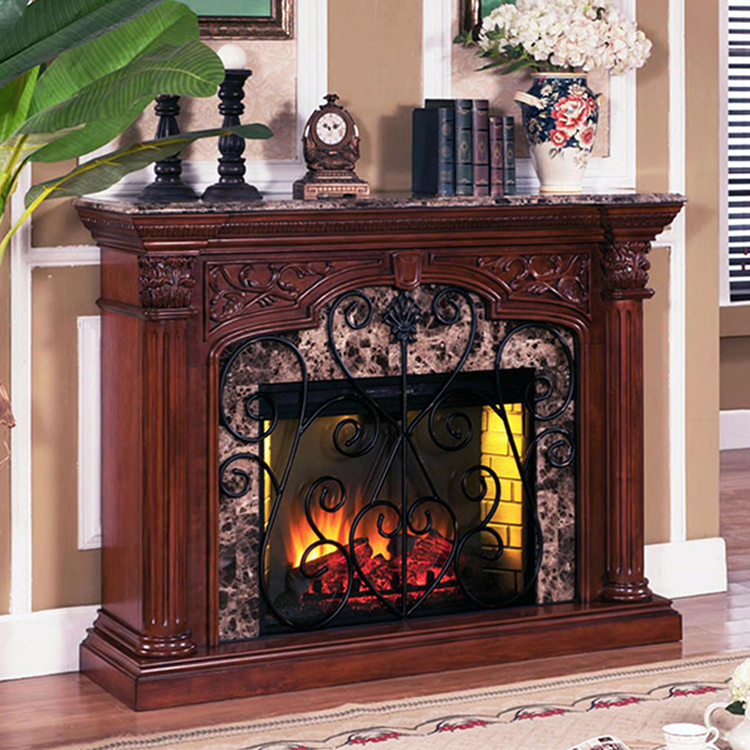 Solid Oak Electric Fireplace Mantel with Marble Top and Insert