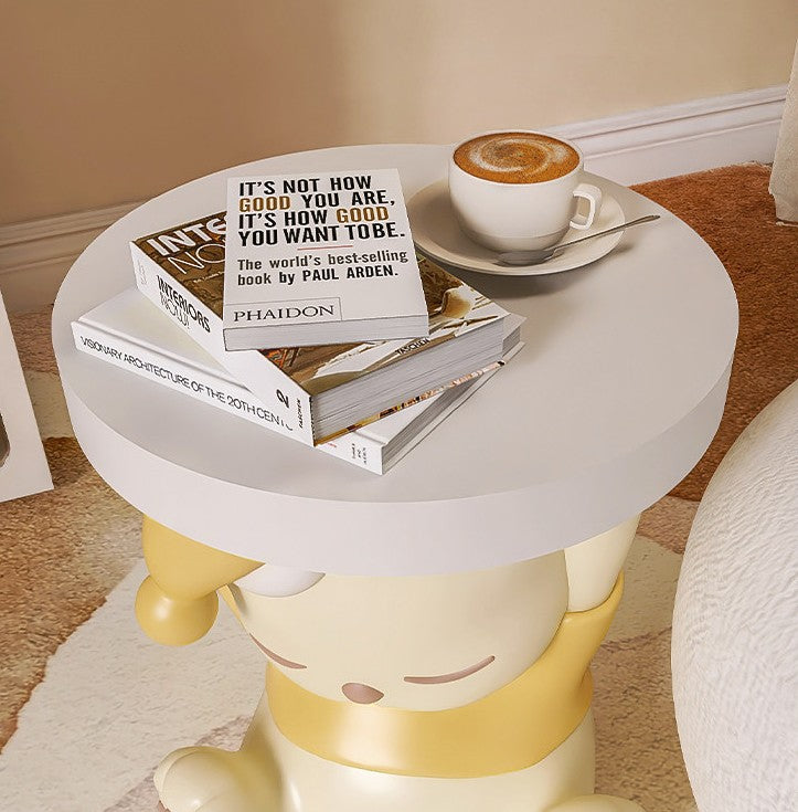 Cream and Yellow Resin Kids Side Table with Round White Wood Top, Cute Sleeping Bear Accent Nightstand for Bedroom, Nursery, Playroom, Small Spaces and Sofa Side Use