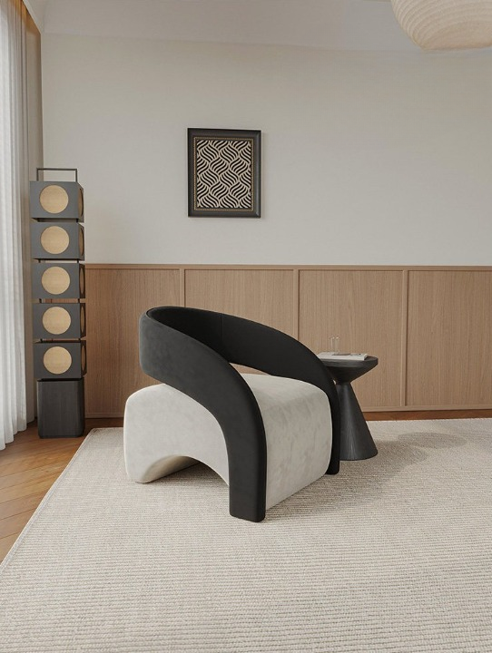 Black and White Accent Chair, Curved Upholstered Lounge Chair for Living Room