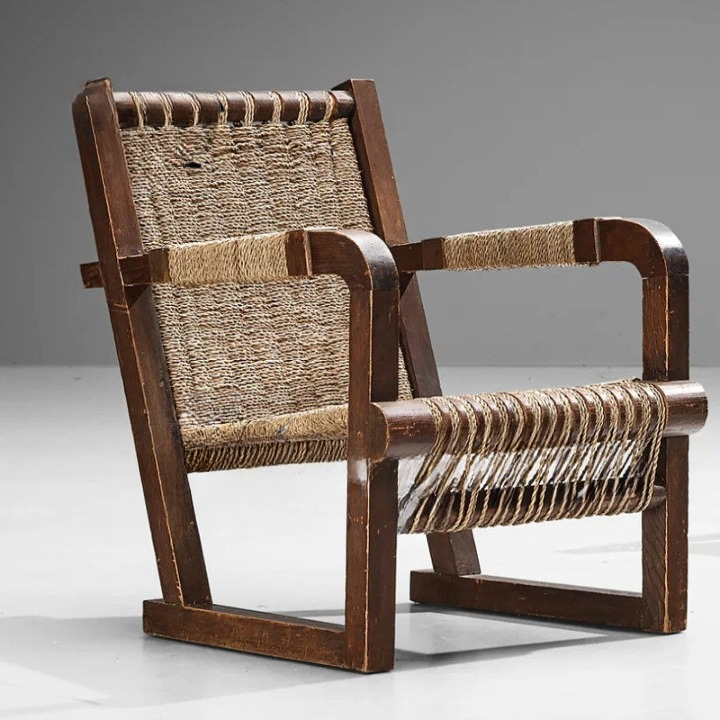 Mid Century Woven Rope Accent Chair, Solid Wood Lounge Armchair with Handwoven Seat and Back, Rustic Japandi Leisure Chair for Living Room, Balcony, Bedroom, Reading Nook and Resort Style Interiors