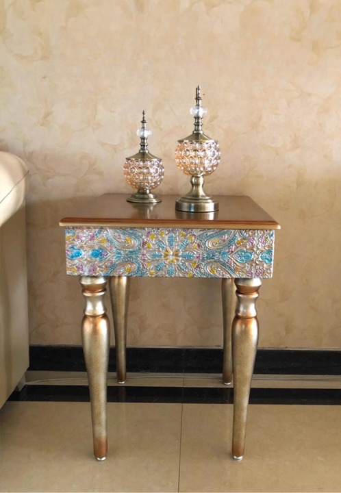 Neoclassical Floral Side Table with Carved Apron and Turned Wood Legs, 19.7 Inch Square Accent Table for Living Room, Bedroom, Entryway and Sofa Side