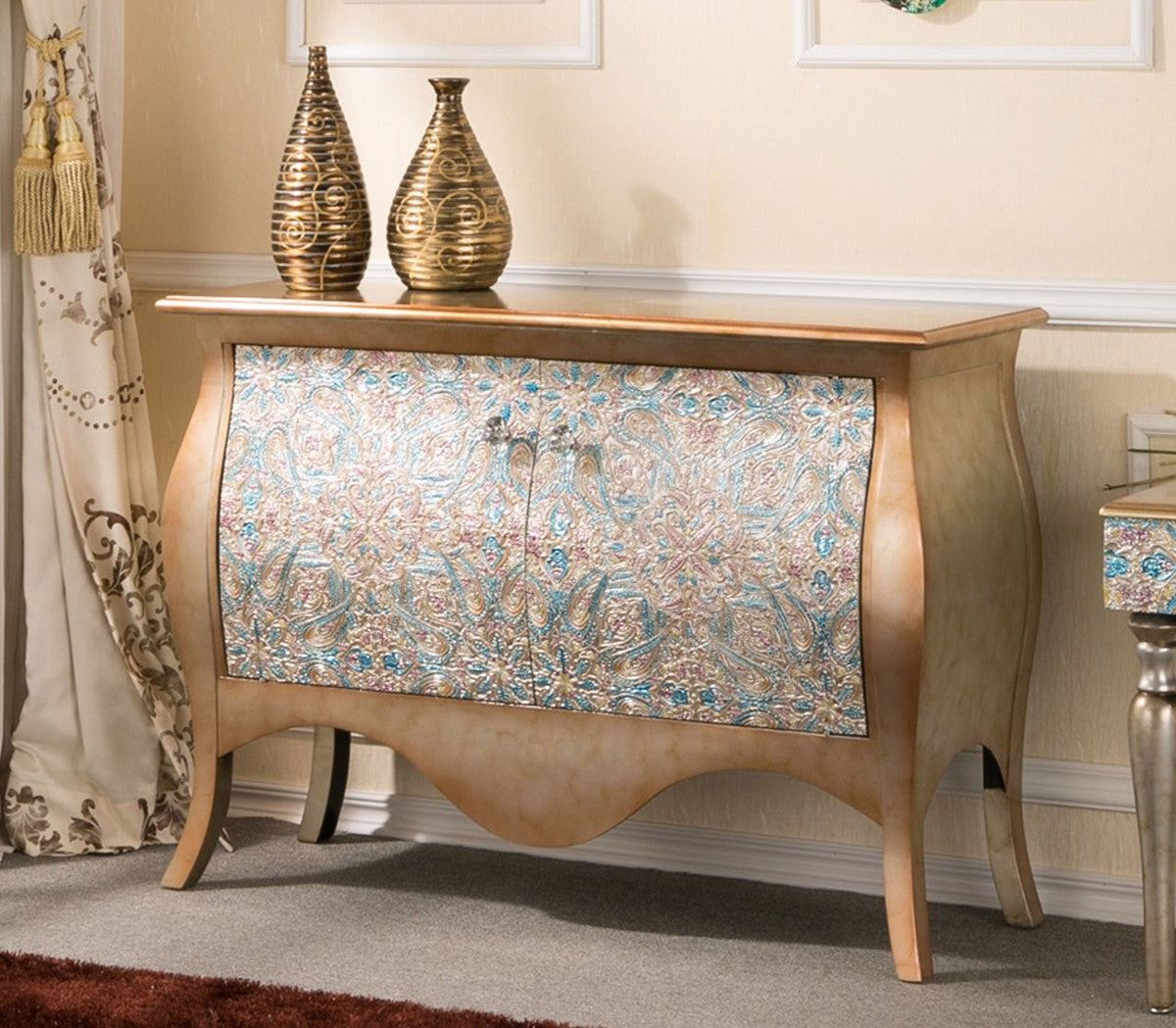 Vintage 6 Drawer Dresser with Gold Floral Front, Wooden Storage Chest, Luxury Sideboard Cabinet, Entryway Console, Bedroom Chest of Drawers, Fully Assembled
