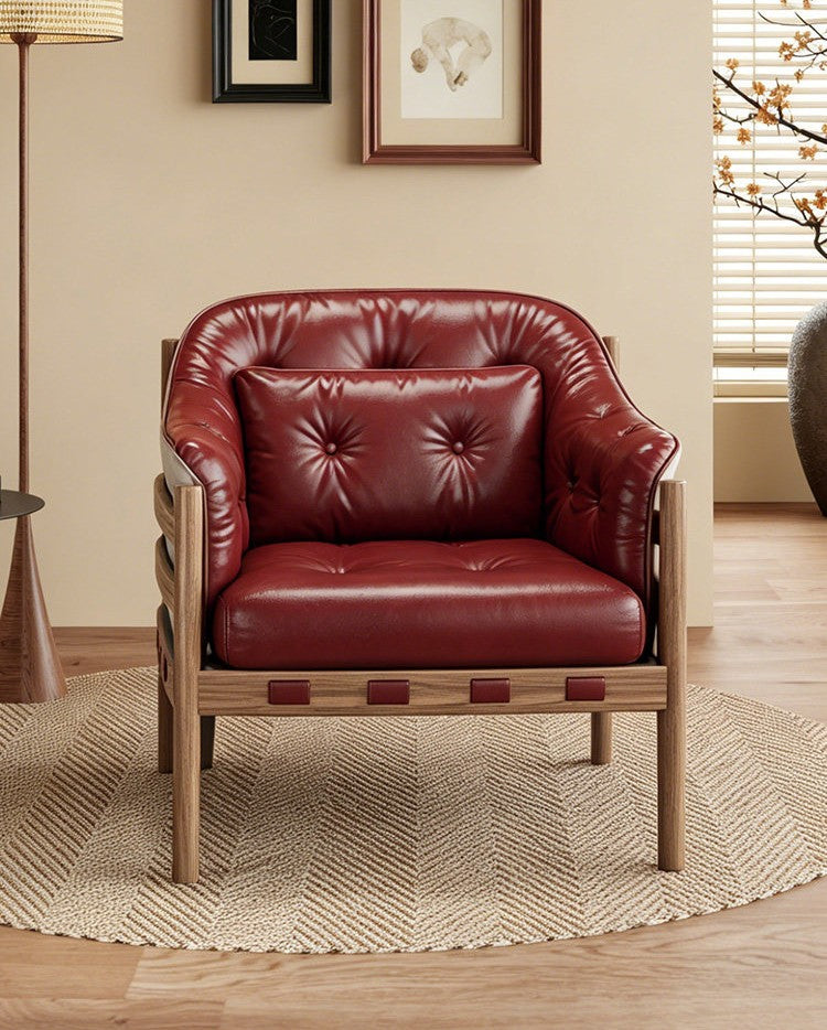 Vintage Burgundy Leather Accent Chair, Solid Wood Frame Lounge Armchair with Tufted Cushion and Lumbar Pillow for Living Room, Bedroom, Study and Reading Nook