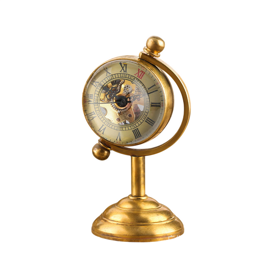 Vintage Globe Style Desk Clock, Brass Finish Table Clock with Skeleton Dial Look, Antique Decorative Mantel Clock for Office Desk, Bookshelf, Study, Living Room, Shelf Decor Gift