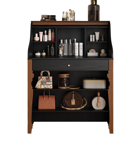 Roll Top Vanity Desk with Storage Shelves and Drawer, Solid Wood Makeup Table, Compact Dressing Table Organizer for Bedroom, Walk In Closet, Beauty Room, Black and Natural Wood
