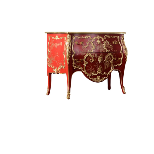 Red Hand Painted Accent Chest, French Style 2 Drawer Solid Wood Entryway Cabinet with Gold Carved Details, Luxury Console Storage Cabinet for Hallway, Living Room, Bedroom, Foyer