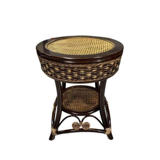 Round Rattan Side Table with Storage Basket and Lower Shelf
