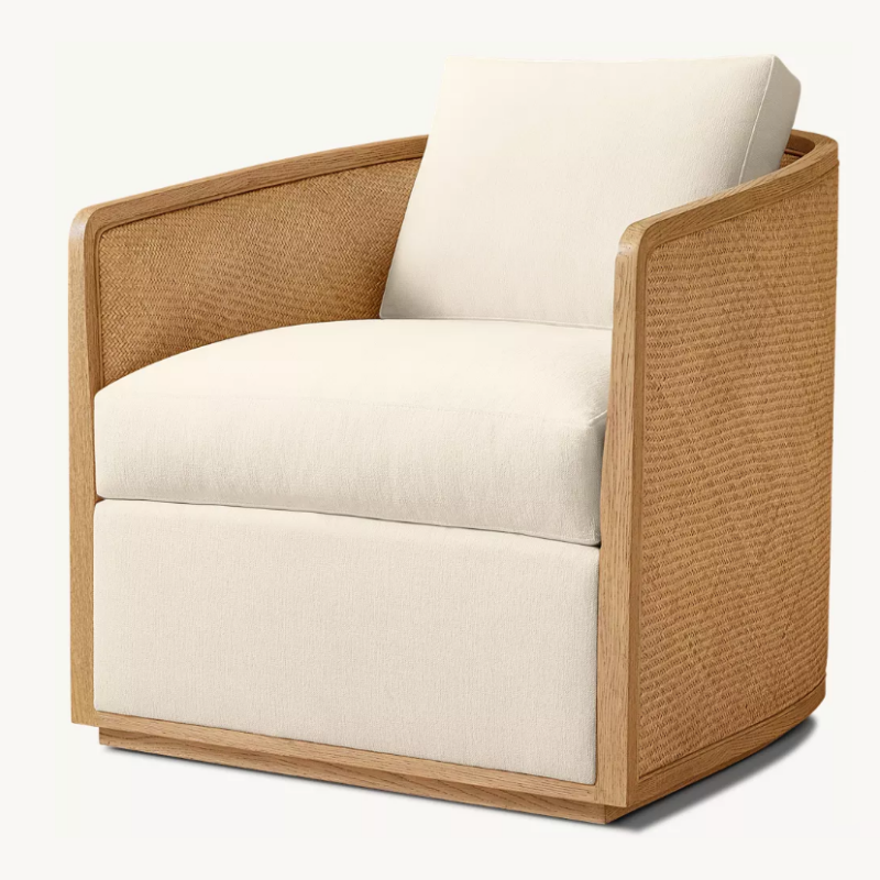 Wood and Rattan Accent Chair, Cane Armchair with Cream Cushions for Living Room, Bedroom, Hotel, Villa, Lounge, Natural Wood Finish