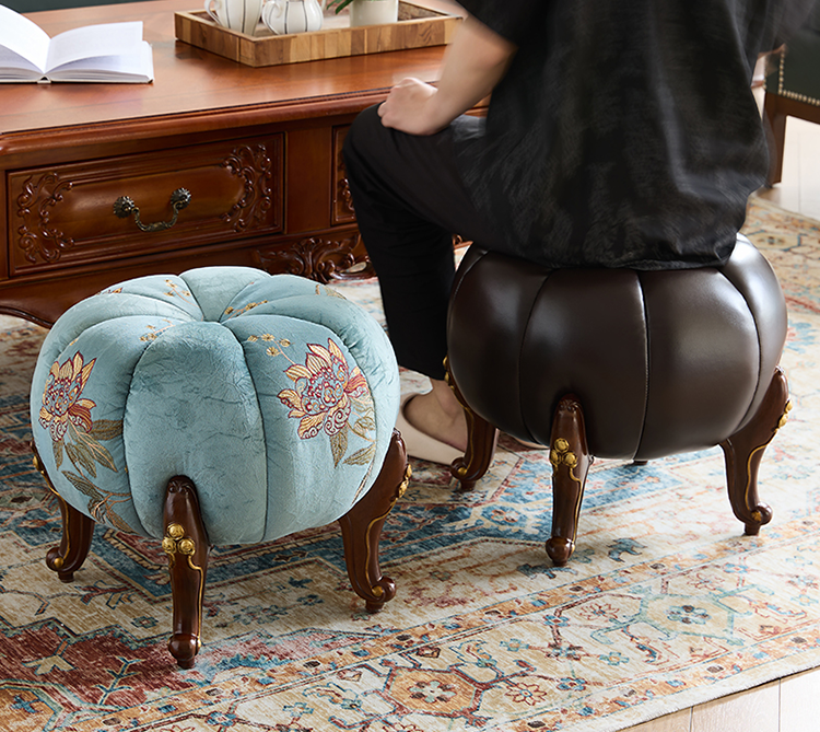 Blue Floral Upholstered Pumpkin Stool with Solid Red Oak Legs
