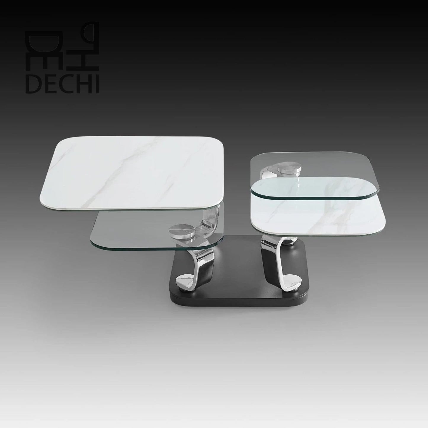 Rotating Coffee Table with Tempered Glass and Sintered Stone Tops, Modern Multi-Layer Swivel Cocktail Table with Stainless Steel Frame, Extendable Center Table for Living Room, Lounge, Apartment