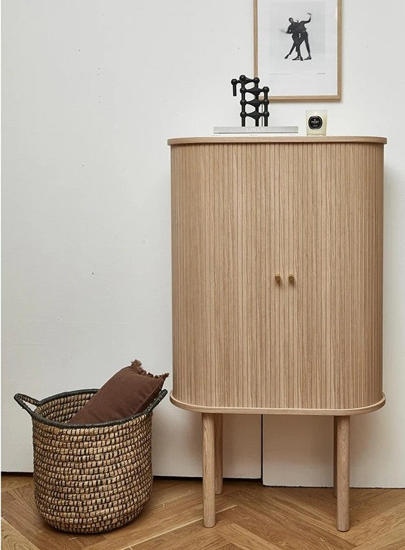 Natural Wood Highboard Cabinet with Fluted Tambour Doors