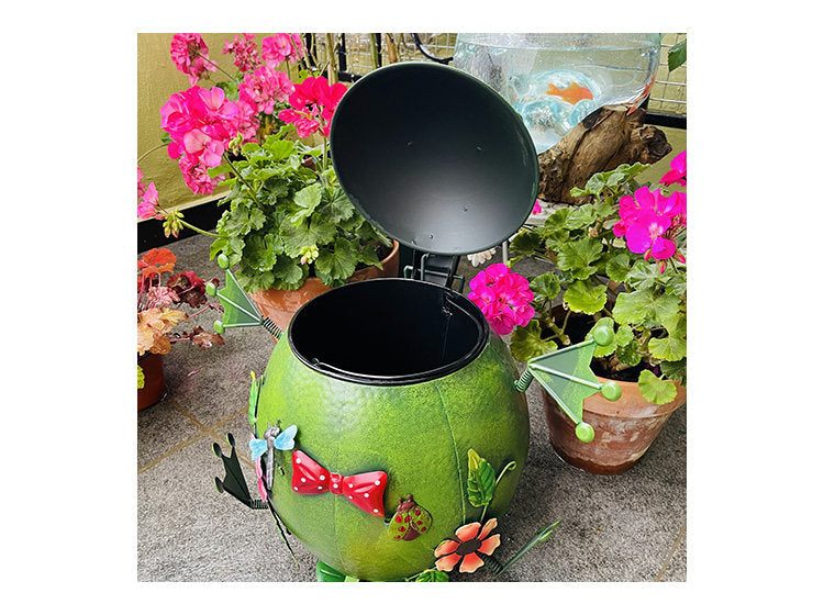 Green Metal Frog Trash Can with Lid and Removable Inner Bin, Hand-Painted Floral Bow Tie Decorative Wastebasket for Bedroom, Office, Living Room, Patio and Garden