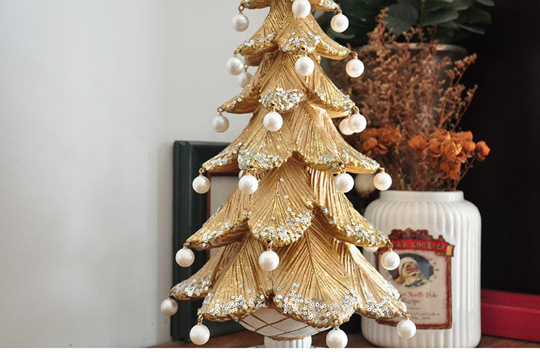 Gold Christmas Tree Tabletop Decor, Resin Holiday Tree Figurine with Pearl Ornaments, Star Topper and Pedestal Base, Elegant Christmas Centerpiece for Mantel, Shelf, Table, Living Room