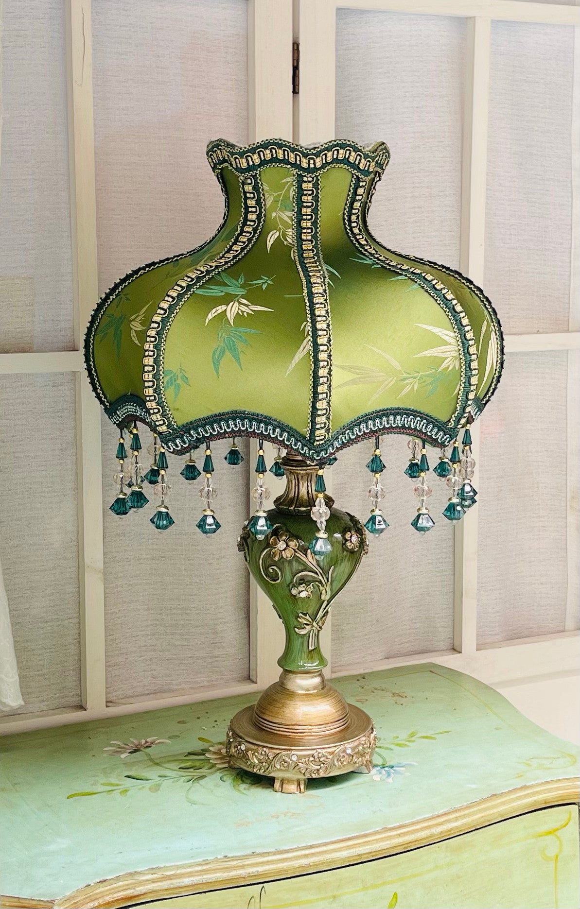 Vintage Green Bamboo Table Lamp with Fabric Shade, Beaded Fringe and 3-Way LED Bulb