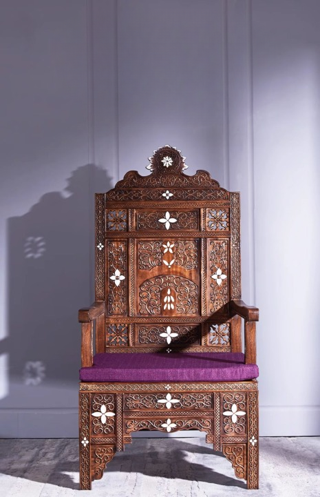 Tall Dark Brown Solid Wood Accent Armchair, Ornate Southeast Asian-Inspired Carved High-Back Chair with White Inlay Accents and Purple Cushion for Living Room, Hotel Lounge and Entryway