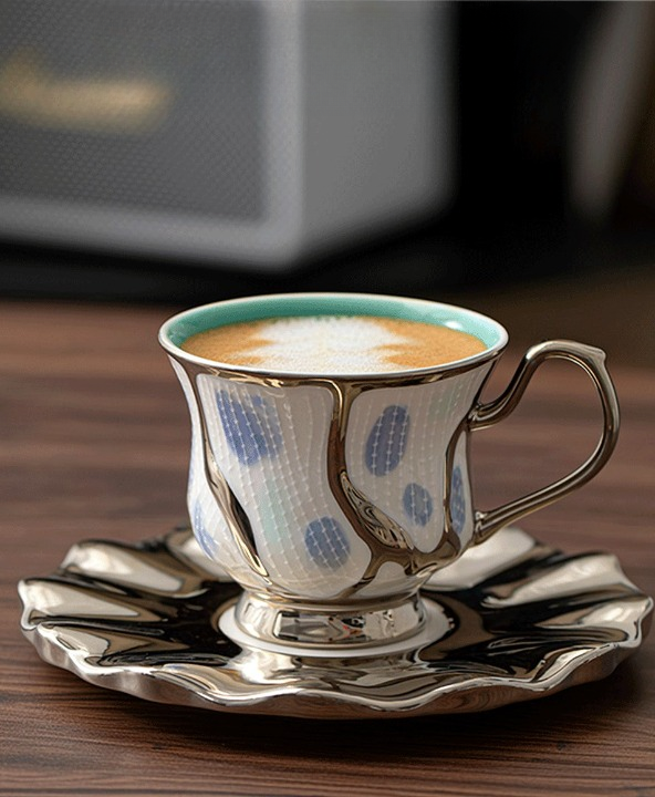 Metallic Ceramic Coffee Cup and Saucer Set, Sculpted Tea Cup