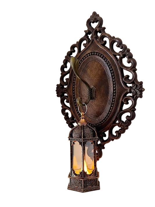 Vintage Carved Wood Wall Sconce with Hanging Lantern, Decorative Wall Candle Holder with Metal Hook, Antique Style Wall Decor for Living Room, Entryway, Hallway, Bedroom, Patio, and Festival Decor
