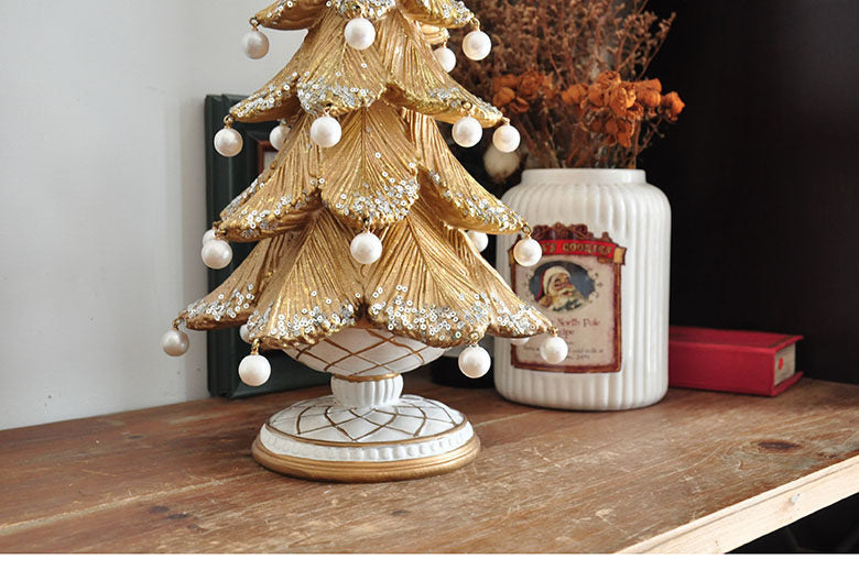 Gold Christmas Tree Tabletop Decor, Resin Holiday Tree Figurine with Pearl Ornaments, Star Topper and Pedestal Base, Elegant Christmas Centerpiece for Mantel, Shelf, Table, Living Room