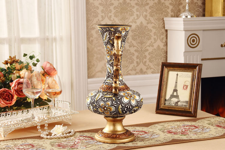 Gold Floral Resin Vase with Ornate Handles for Dried Flowers
