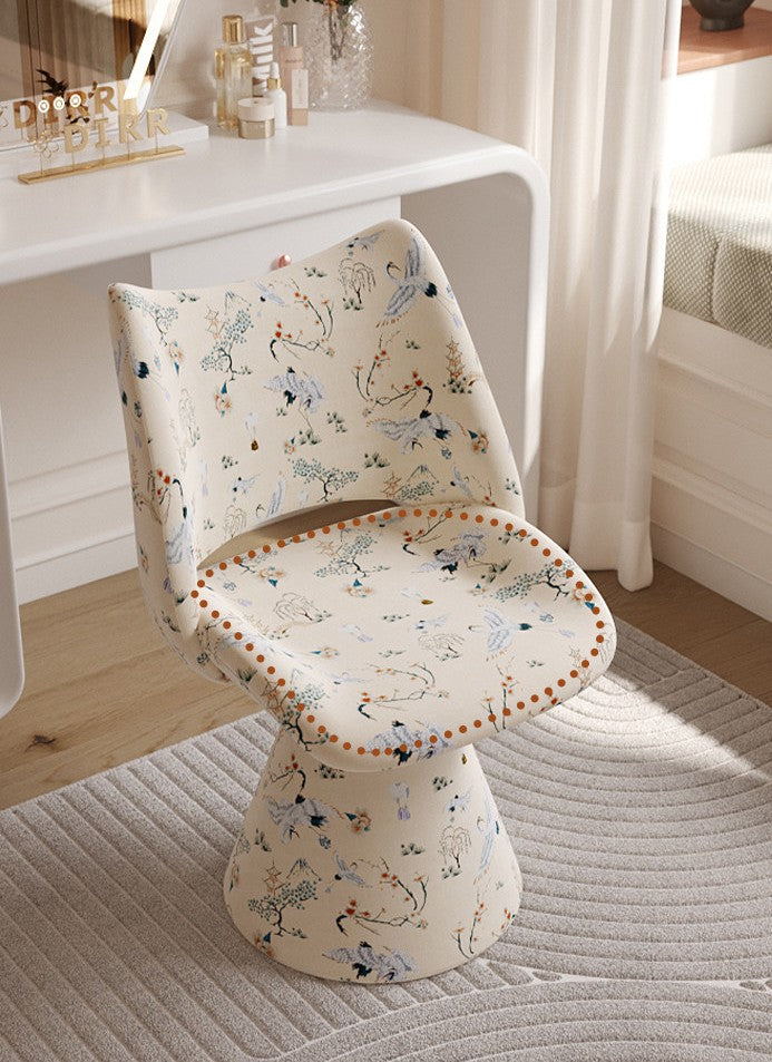 Ivory Crane Print 360-Degree Swivel Vanity Chair with Backrest