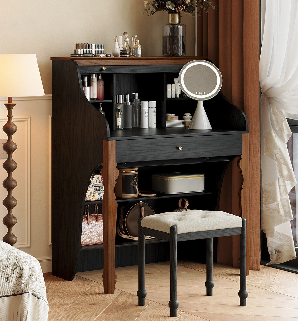 Roll Top Vanity Desk with Storage Shelves and Drawer, Solid Wood Makeup Table, Compact Dressing Table Organizer for Bedroom, Walk In Closet, Beauty Room, Black and Natural Wood