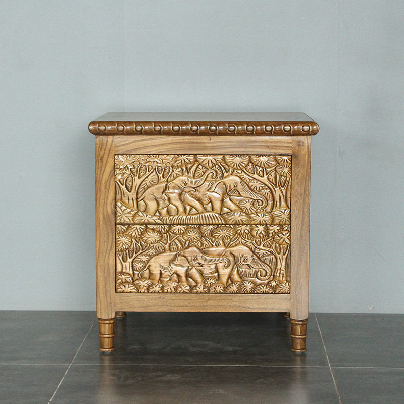 Hand-Carved Solid Elm Wood Nightstand with 2 Drawers, Elephant Relief Bedside Table with Botanical Carving and Natural Wood Finish for Bedroom or Living Room