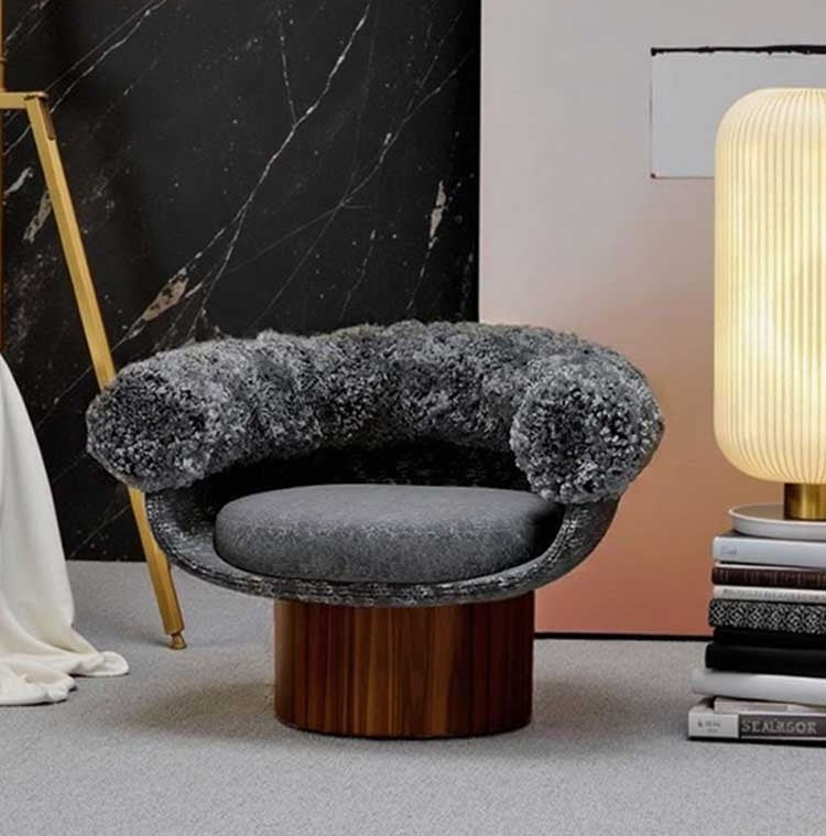 Gray Boucle Barrel Accent Chair with Curved Back and Wood Pedestal Base