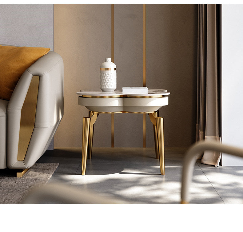 Four Leaf Clover Side Table, Champagne Gold Accent Table with Sintered Stone Top, Modern Stainless Steel End Table for Living Room, Sofa Side, Bedroom, Lounge